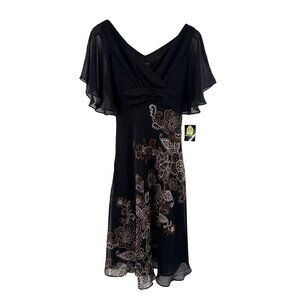 Studio I Black Chiffon Floral‎ Pattern Dress With Flutter Sleeves beaded size 4